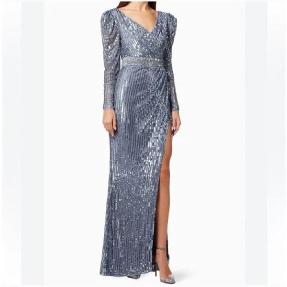 NEW Mac Duggal Open Slit Sequin Dress Slate Blue Formal Gown Size 14